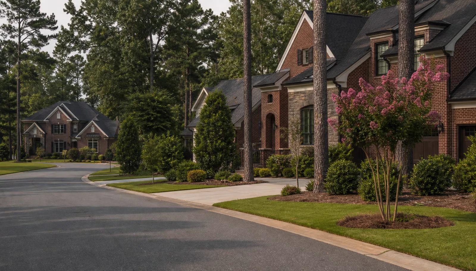 Brick and stone custom homes on wooded lots along a curving street in Ashton Oaks at The Palisades